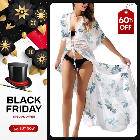 💣Chiffon Floral Pattern Lace Trim Detail Cover Up Longline Beachwear | Size XL - Picture 1 of 7